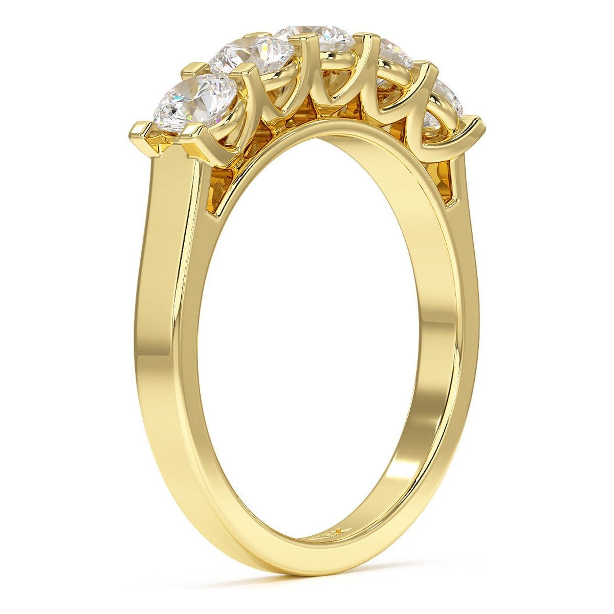 Round Cut V Set Five Stone Ring in yellow gold, side view