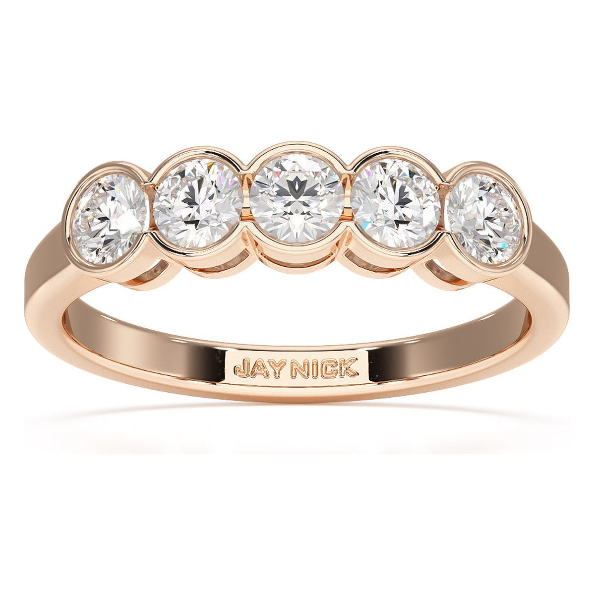 Round Cut Bezel Set Five Stone Ring in rose gold, top view