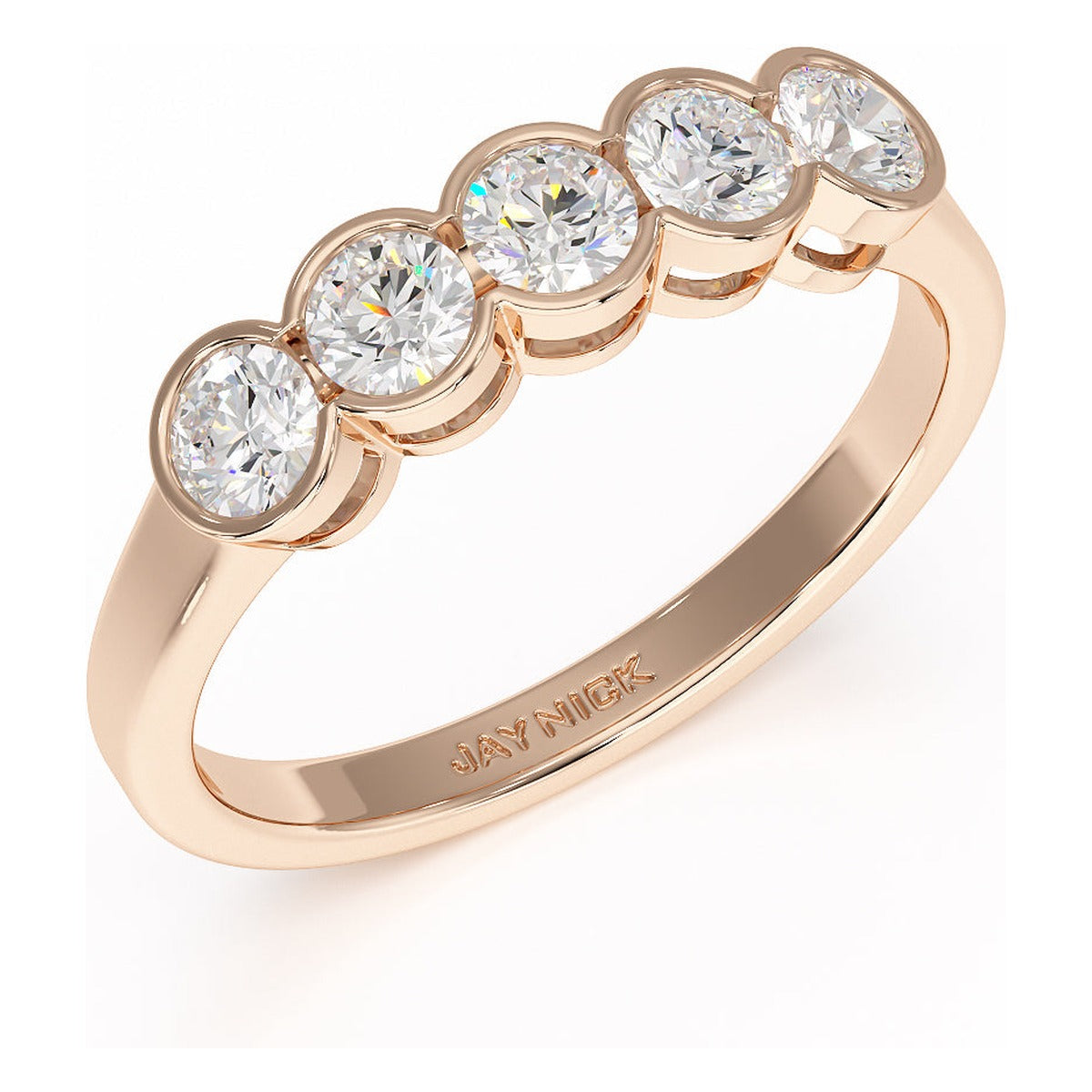 Round Cut Bezel Set Five Stone Ring in rose gold, perspective view