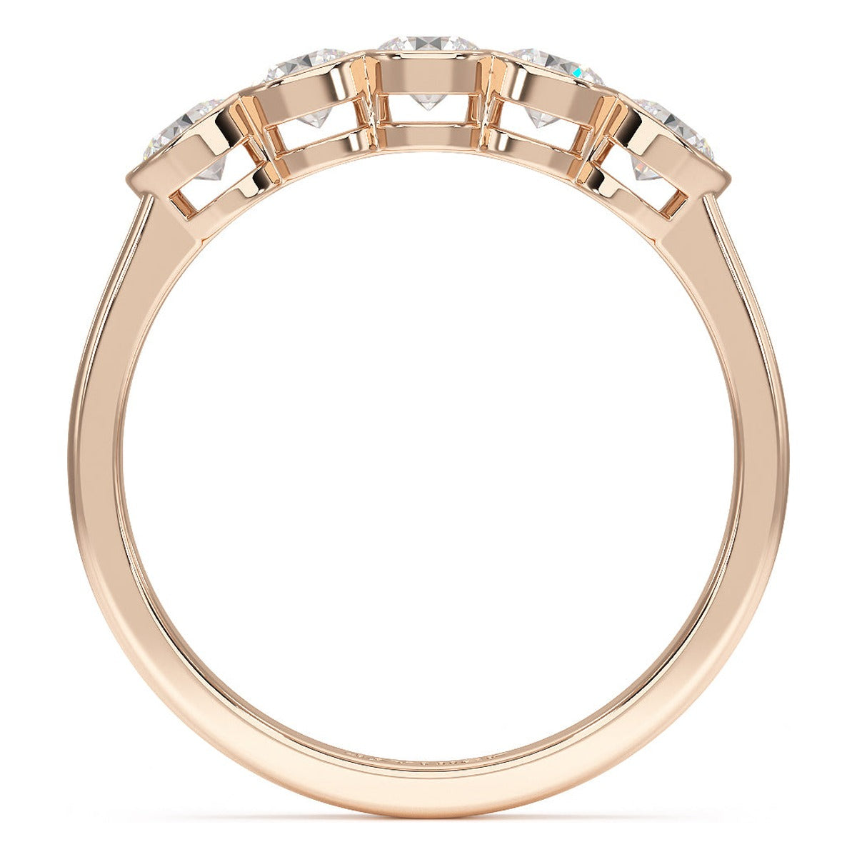 Round Cut Bezel Set Five Stone Ring in rose gold, flat view
