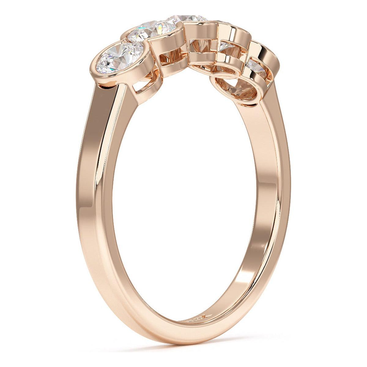 Round Cut Bezel Set Five Stone Ring in rose gold, side view