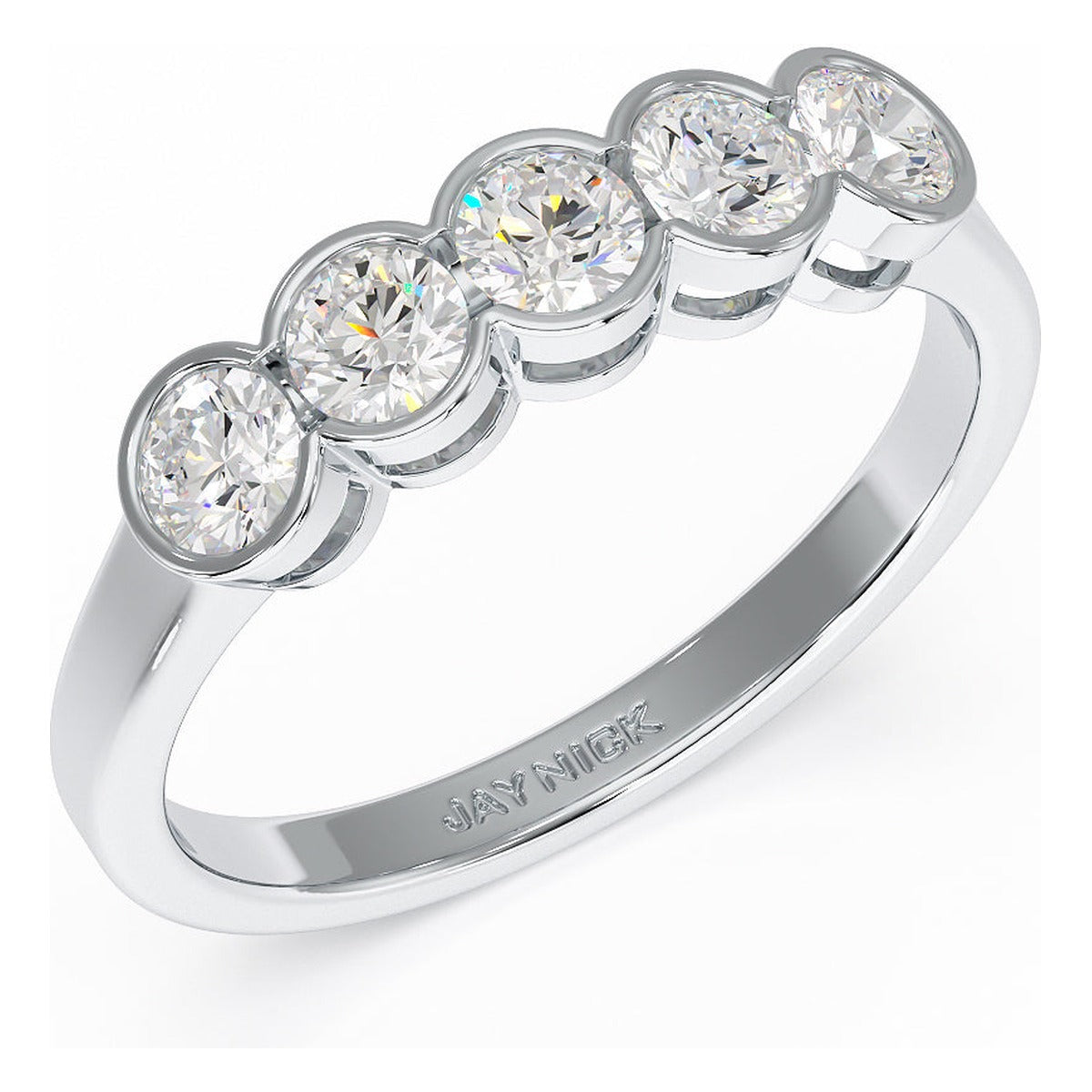 Round Cut Bezel Set Five Stone Ring in white gold or platinum, perspective view