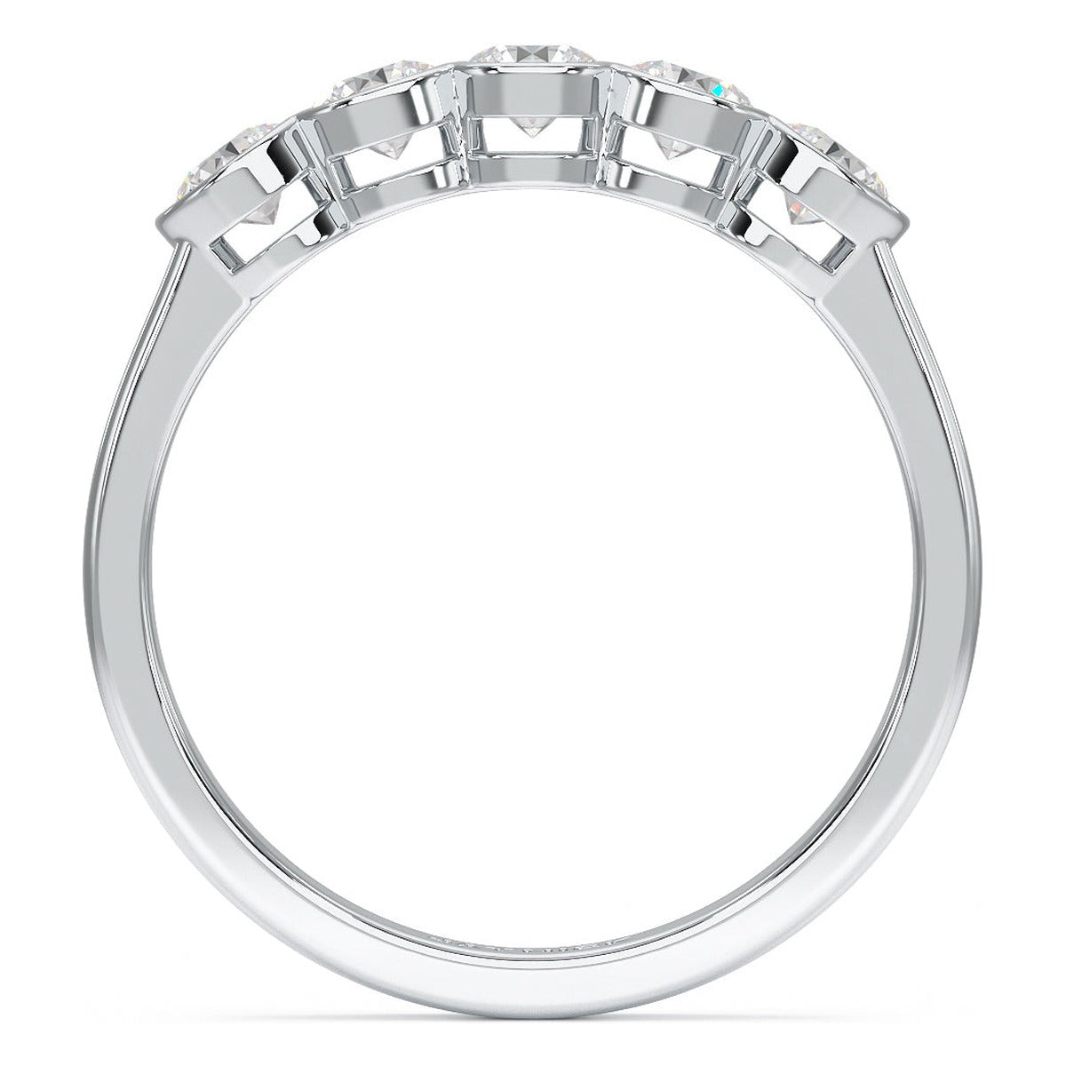 Round Cut Bezel Set Five Stone Ring in white gold or platinum, flat view