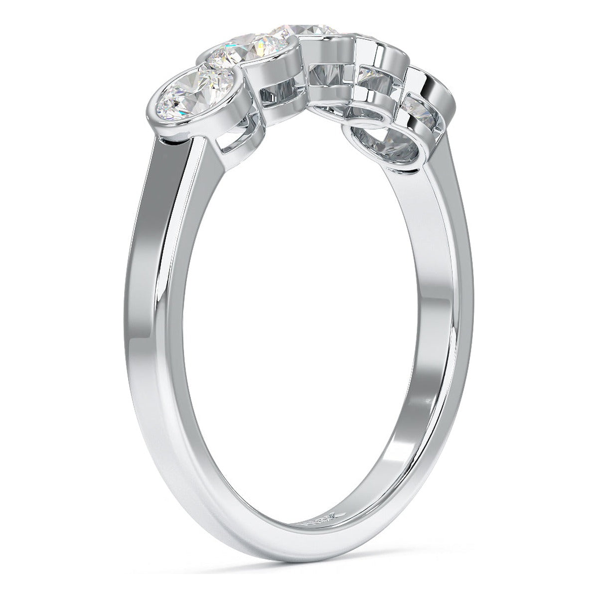 Round Cut Bezel Set Five Stone Ring in white gold or platinum, side view