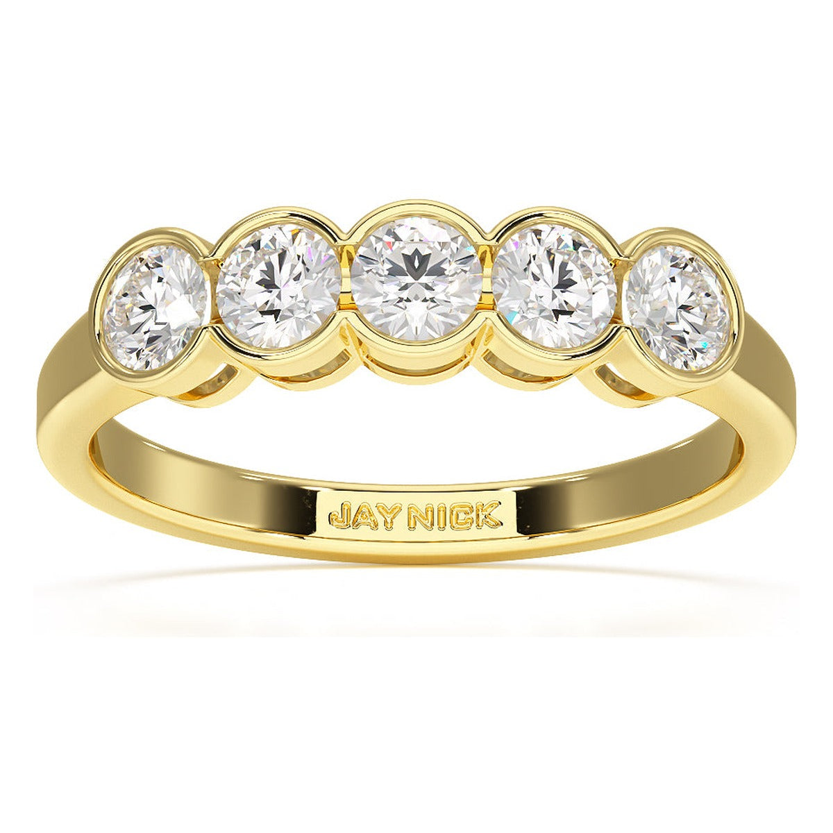 Round Cut Bezel Set Five Stone Ring in yellow gold, top view
