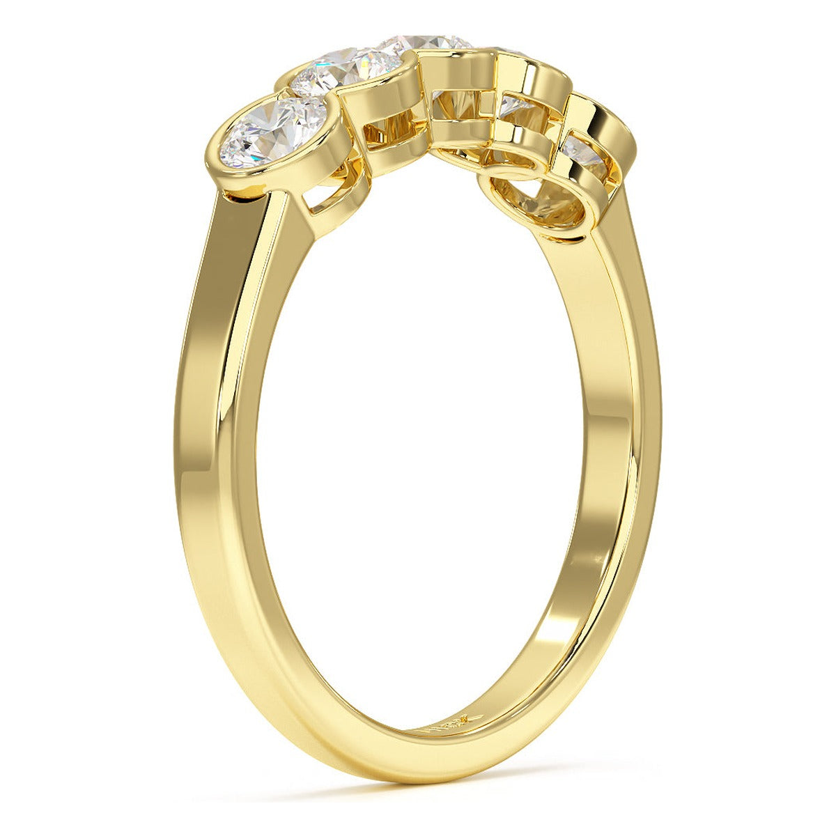 Round Cut Bezel Set Five Stone Ring in yellow gold, side view