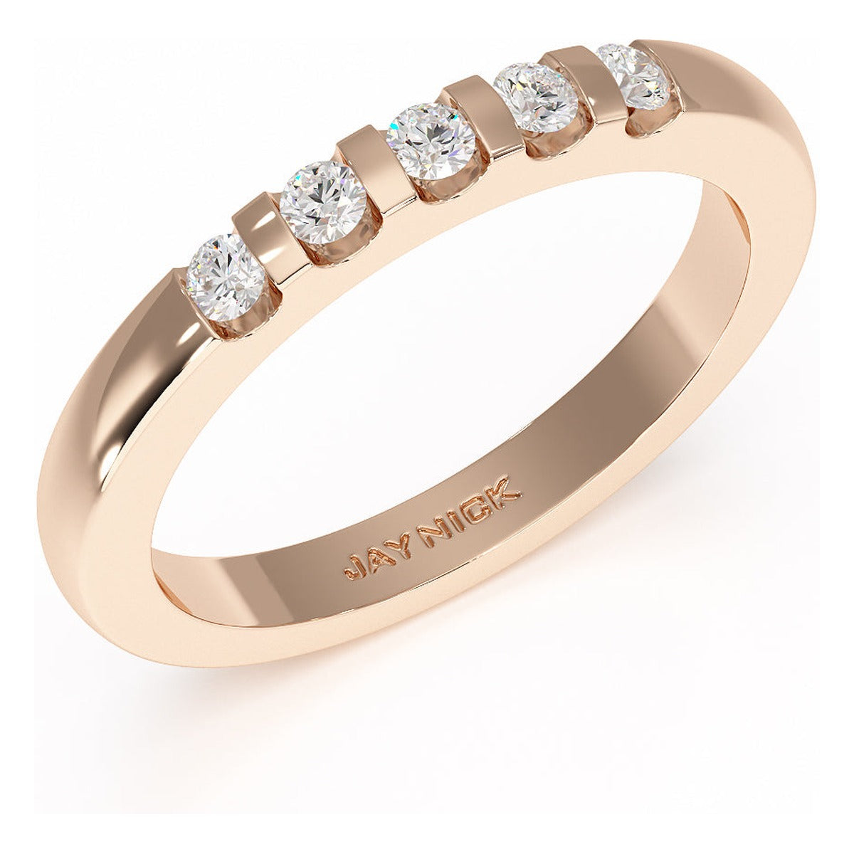 Round Cut Channel Set Five Stone Ring in rose gold, perspective view