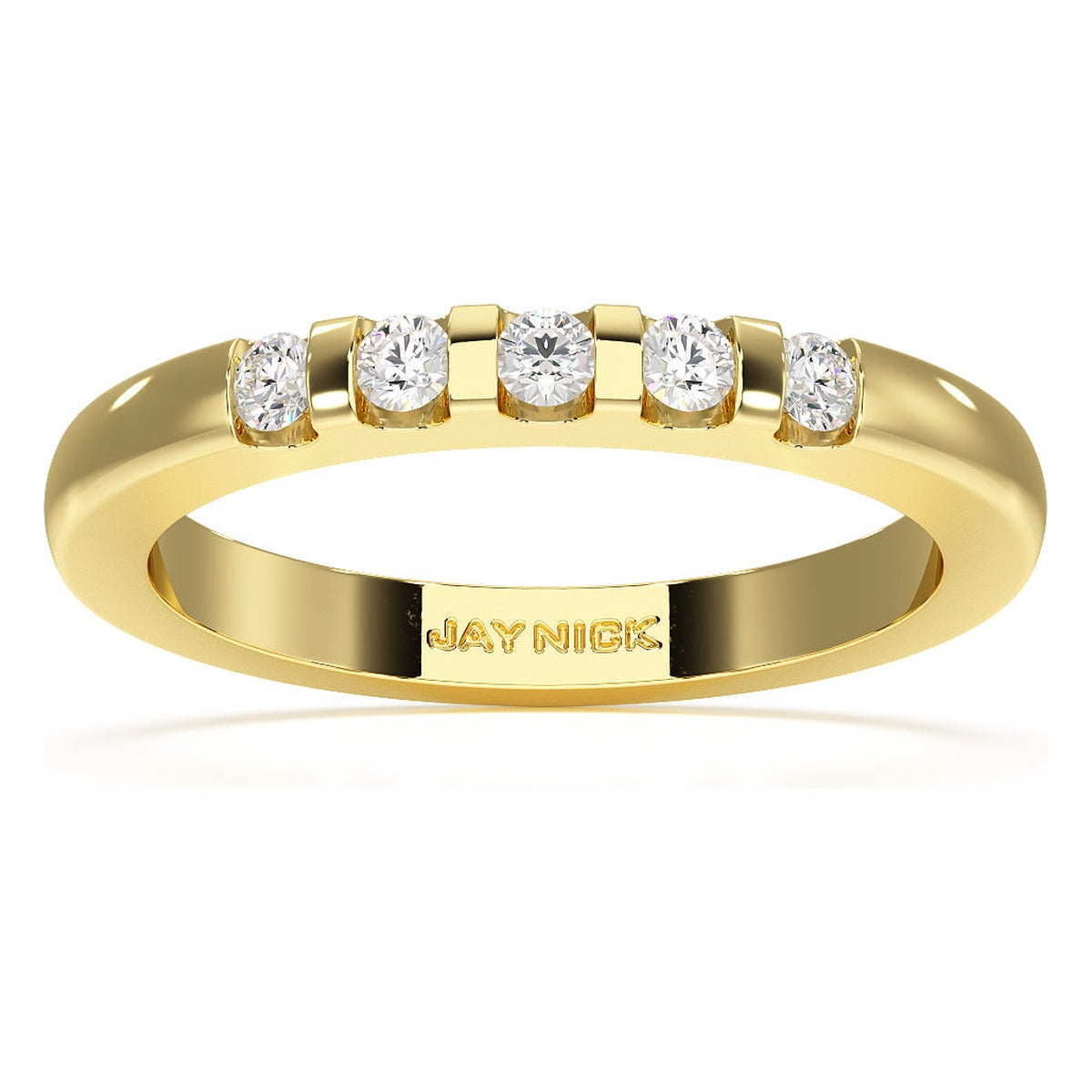 Round Cut Channel Set Five Stone Ring in yellow gold, top view