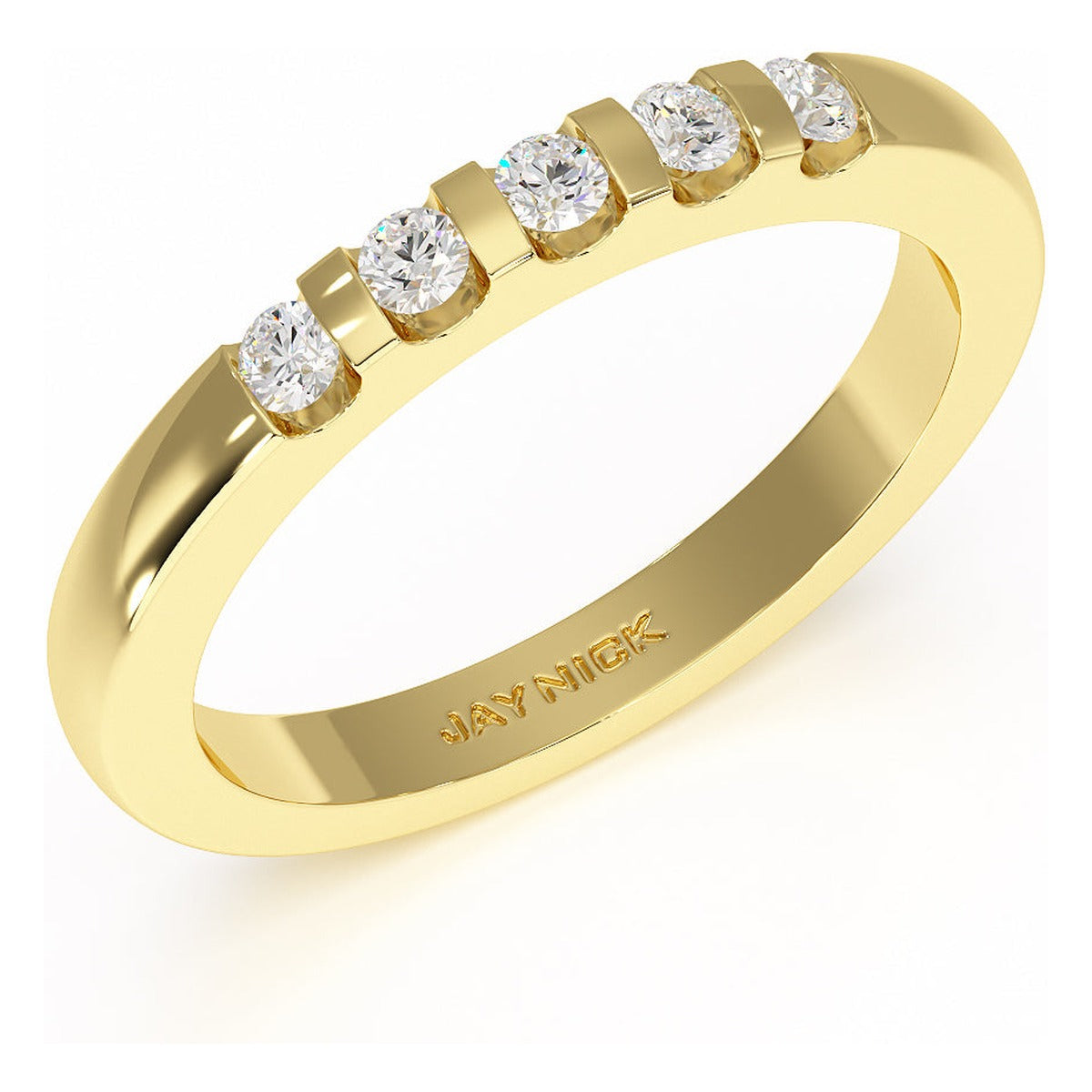 Round Cut Channel Set Five Stone Ring in yellow gold, perspective view