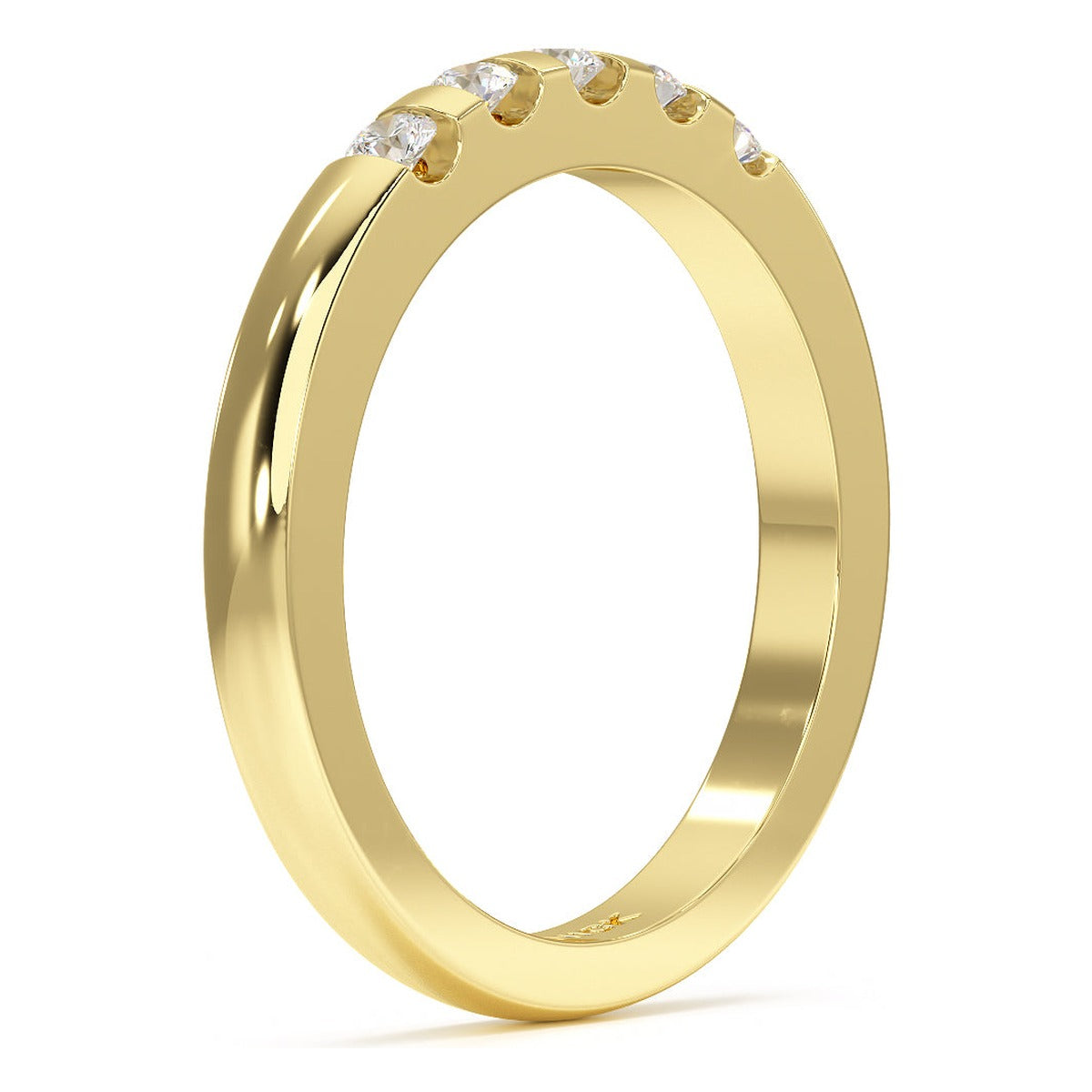 Round Cut Channel Set Five Stone Ring in yellow gold, side view