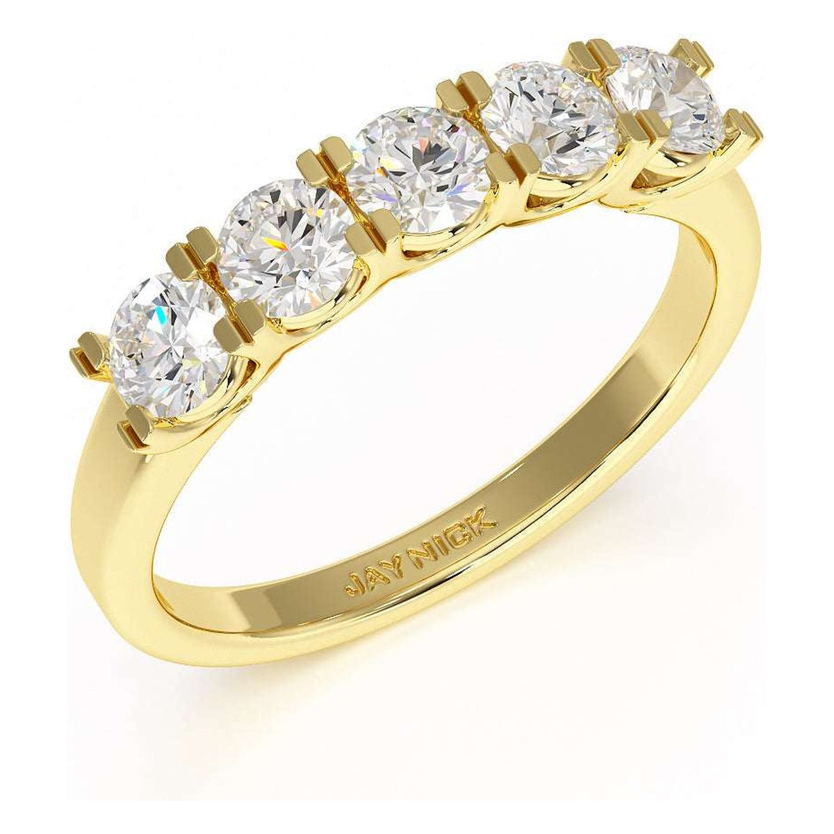Round Cut U Set Five Stone Ring in yellow gold, perspective view