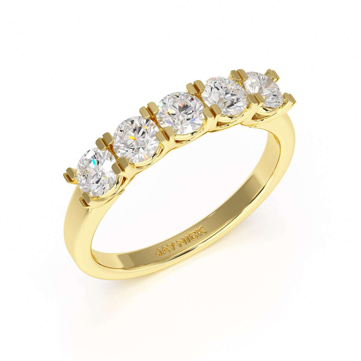 Round U Set Five Stone Yellow Gold Ring Perspective View