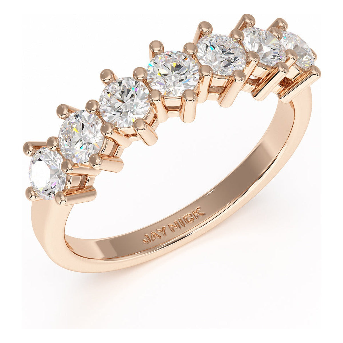 Round Cut Seven Stone Ring in rose gold, perspective view
