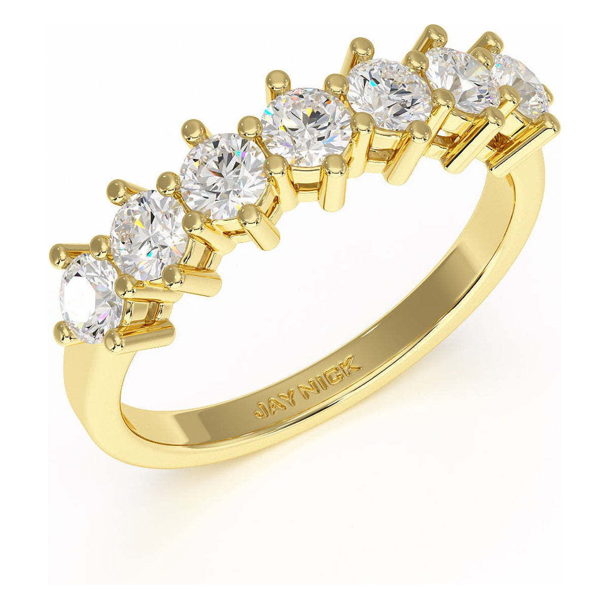 Round Cut Seven Stone Ring in yellow gold, perspective view