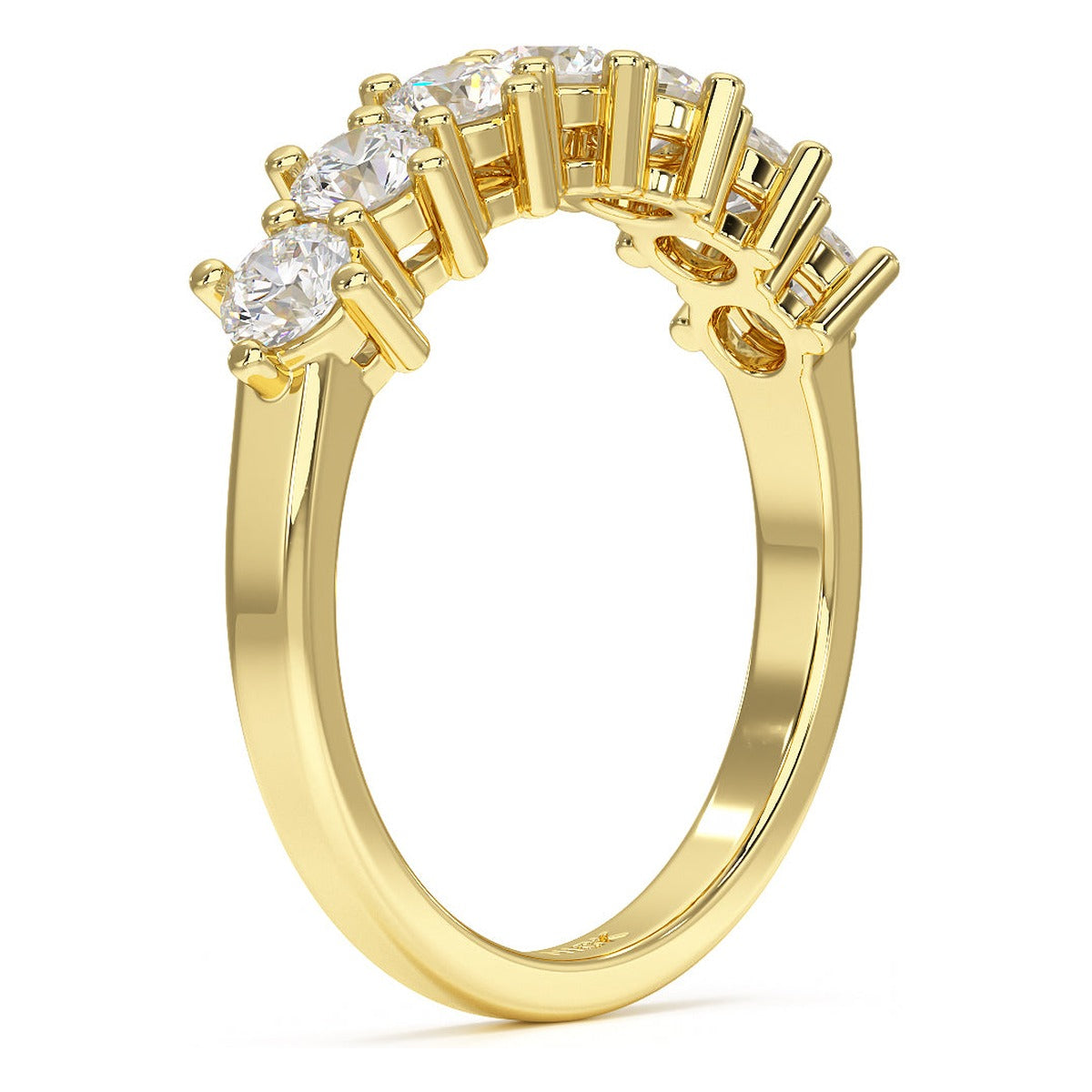 Round Cut Seven Stone Ring in yellow gold, side view