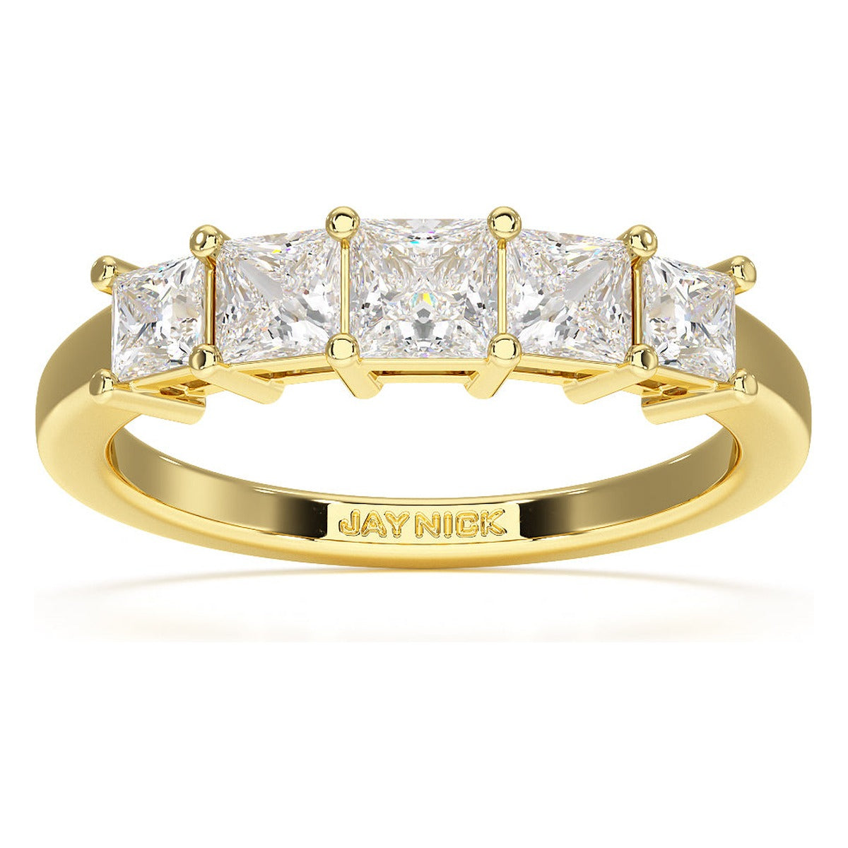 Princess Cut Five Stone Graduated Ring in yellow gold, top view