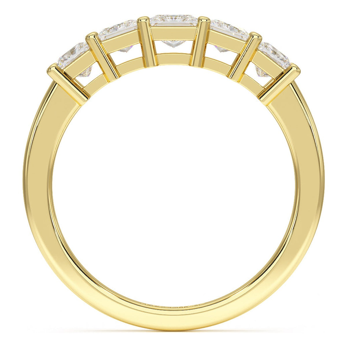 Princess Cut Five Stone Graduated Ring in yellow gold, flat view