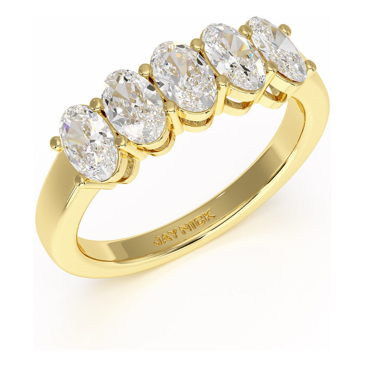 Oval Cut Five Stone Ring in yellow gold, perspective view