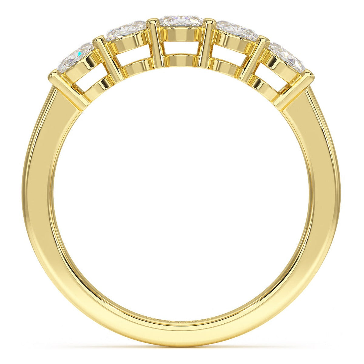 Oval Cut Five Stone Ring in yellow gold, flat view