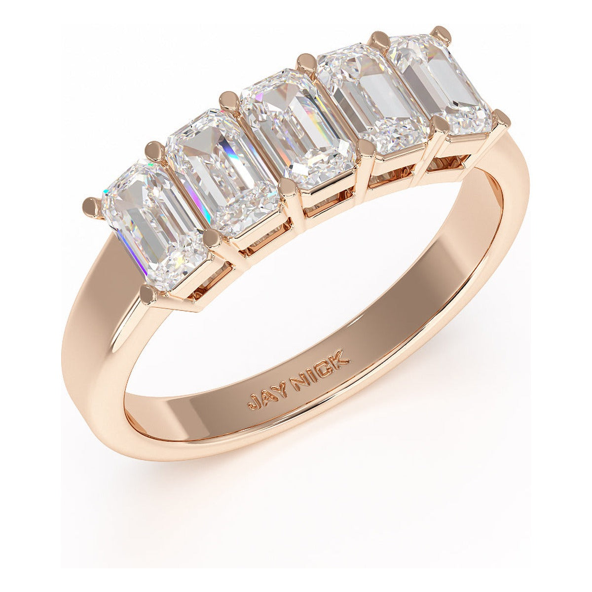 Emerald Cut Five Stone Ring in rose gold, perspective view