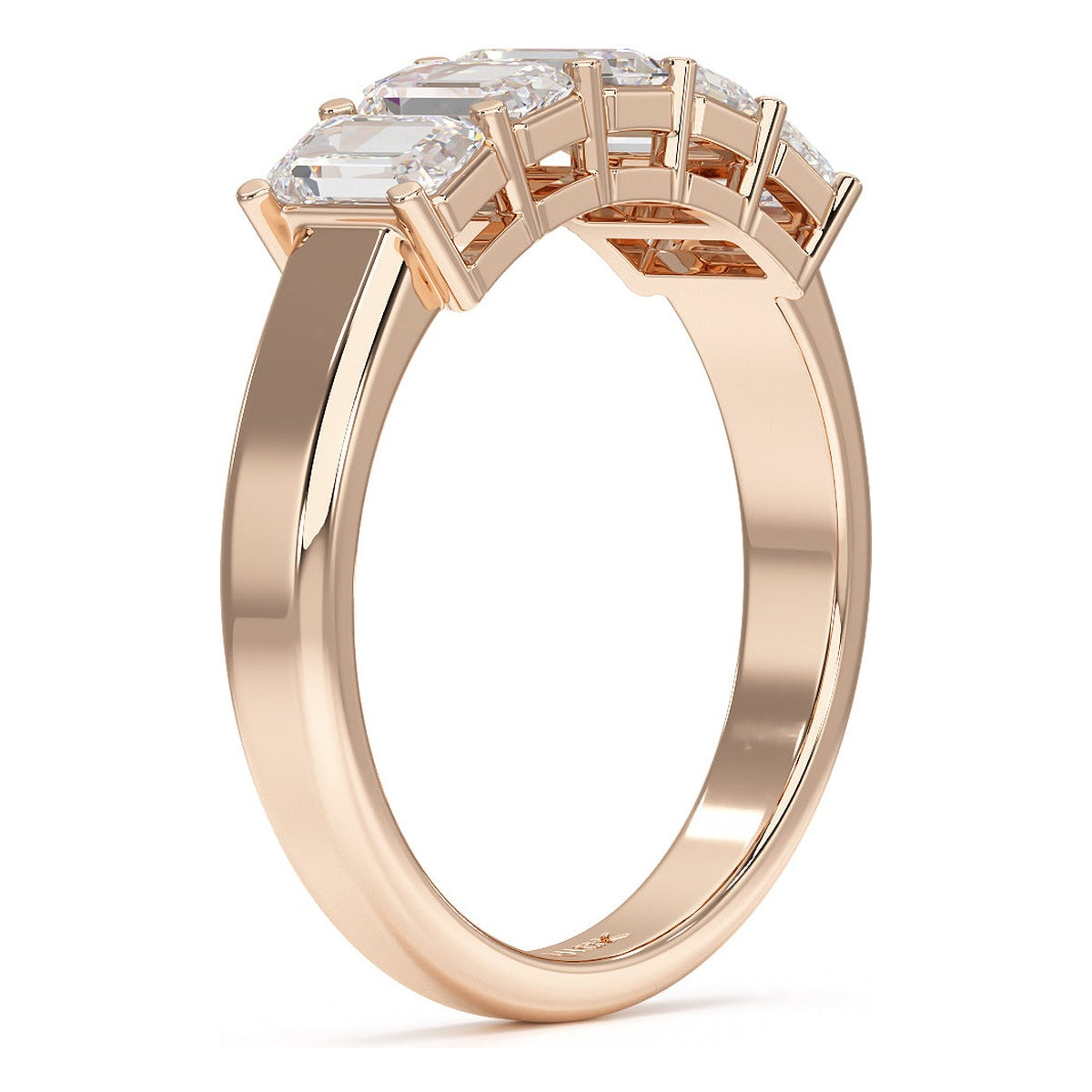 Emerald Cut Five Stone Ring in rose gold, side view