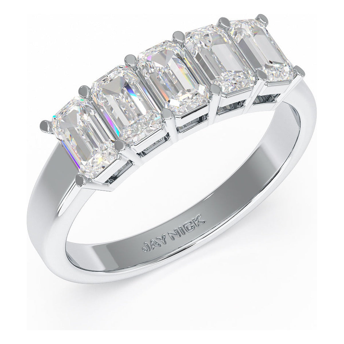 Emerald Cut Five Stone Ring in white gold or platinum, perspective view