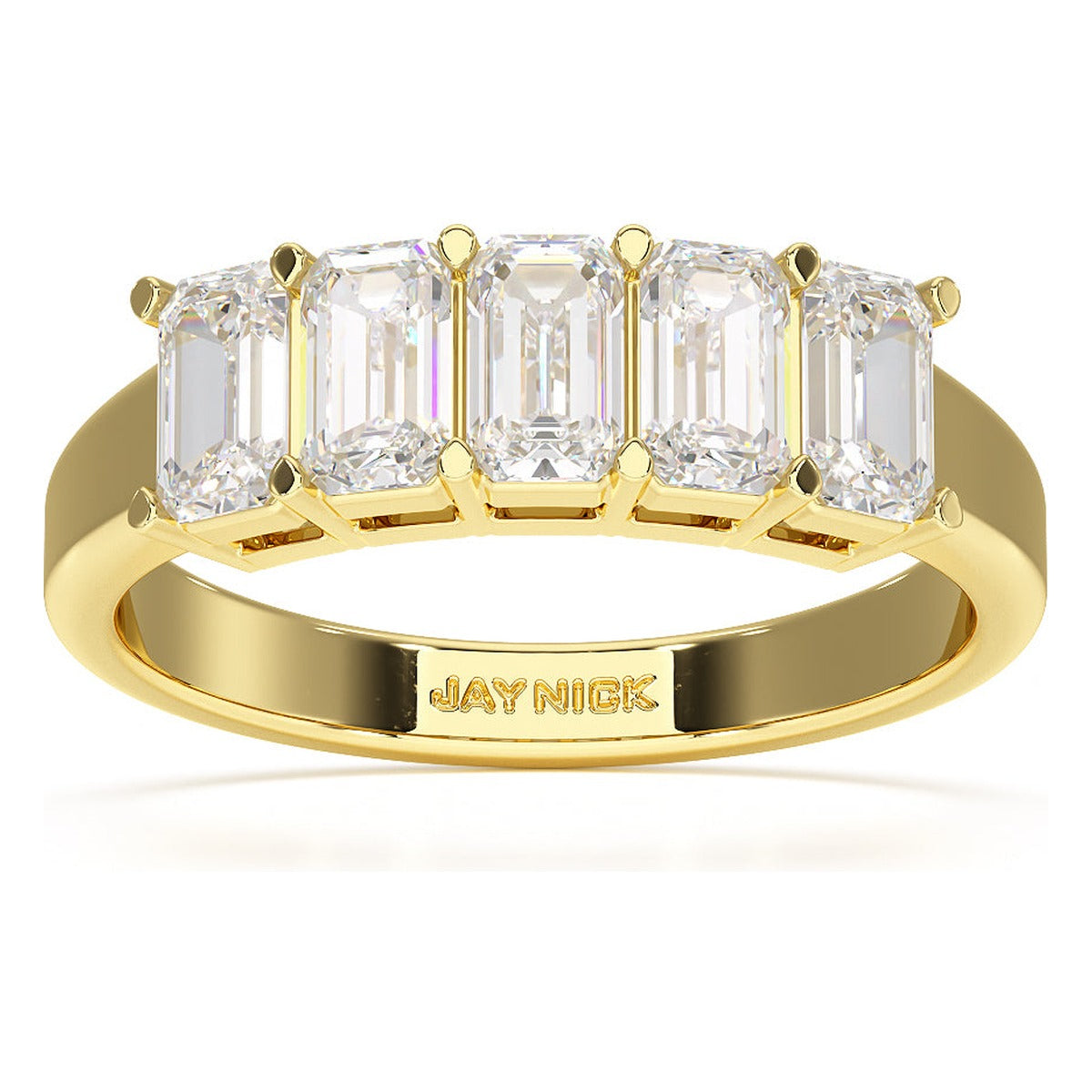 Emerald Cut Five Stone Ring in yellow gold, top view