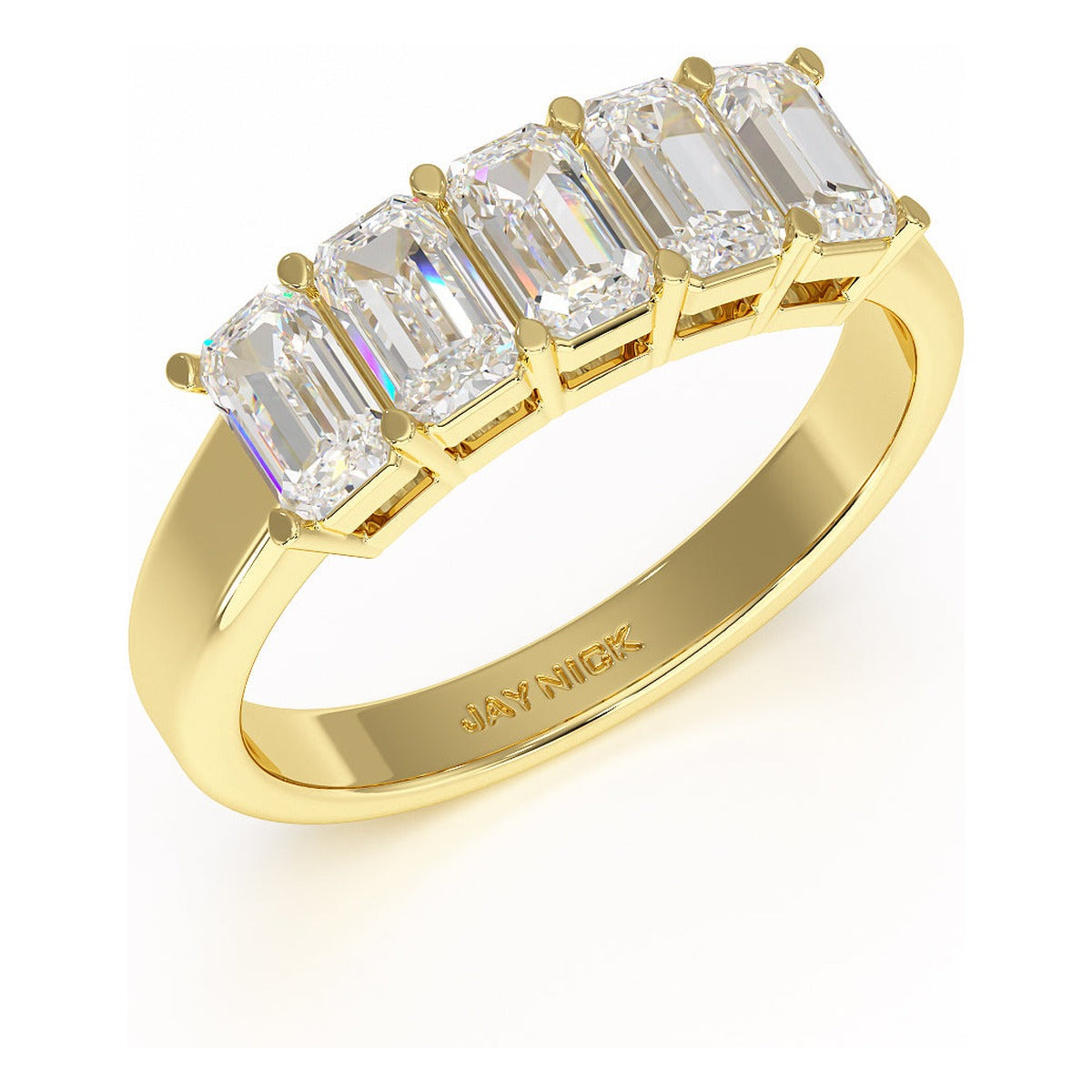 Emerald Cut Five Stone Ring in yellow gold, perspective view