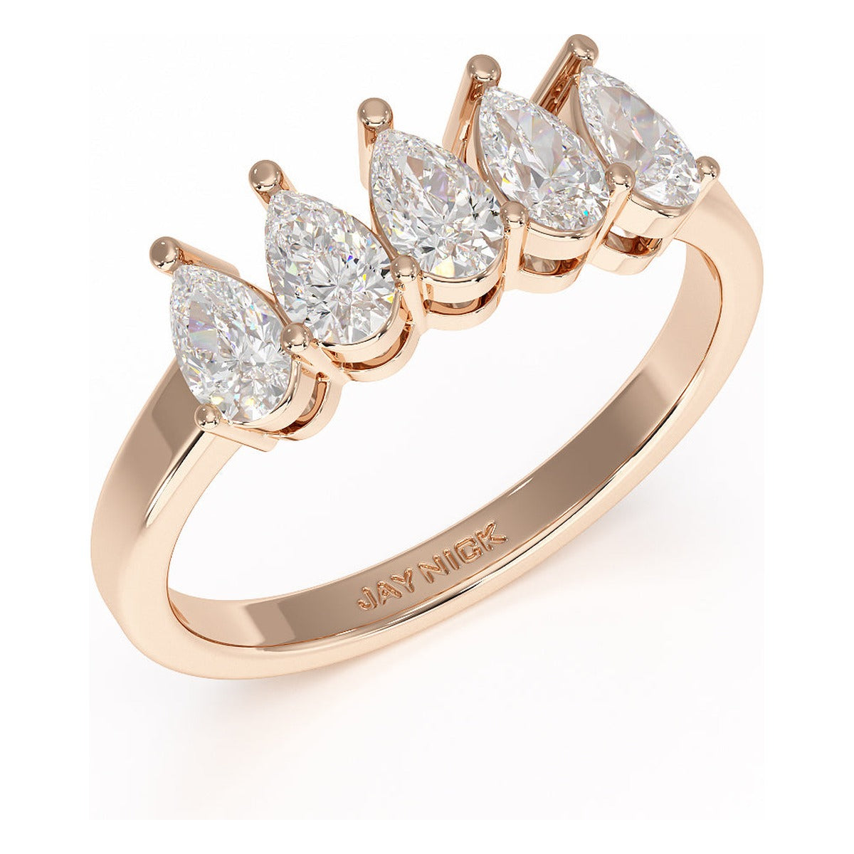 Pear Cut Five Stone Ring in rose gold, perspective view