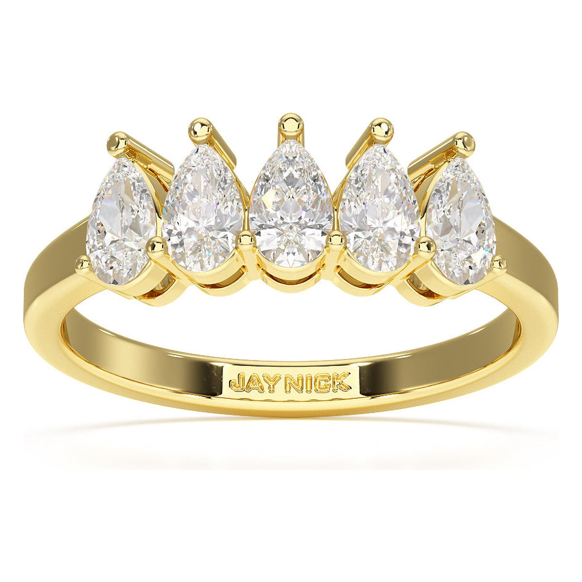 Pear Cut Five Stone Ring in yellow gold, top view