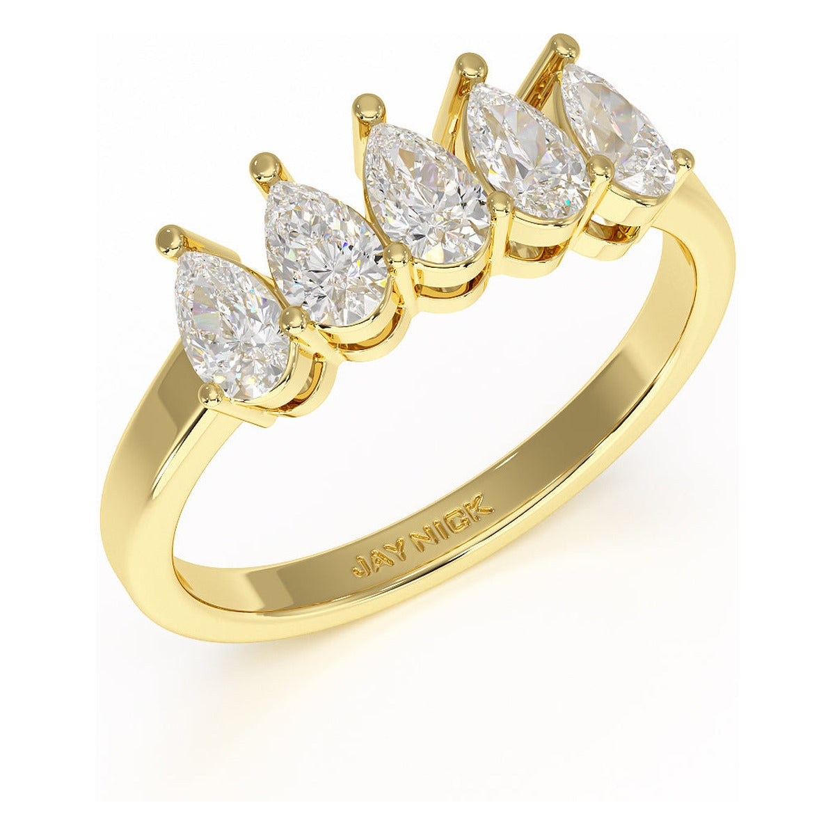 Pear Cut Five Stone Ring in yellow gold, perspective view
