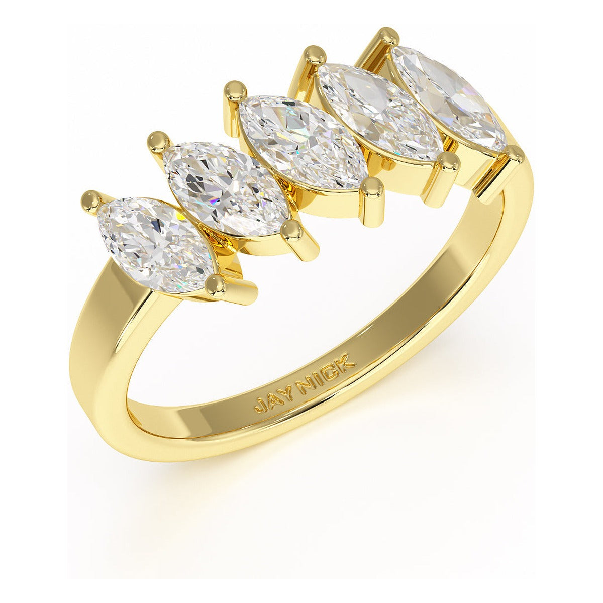 Marquise Cut Five Stone Ring in yellow gold, perspective view