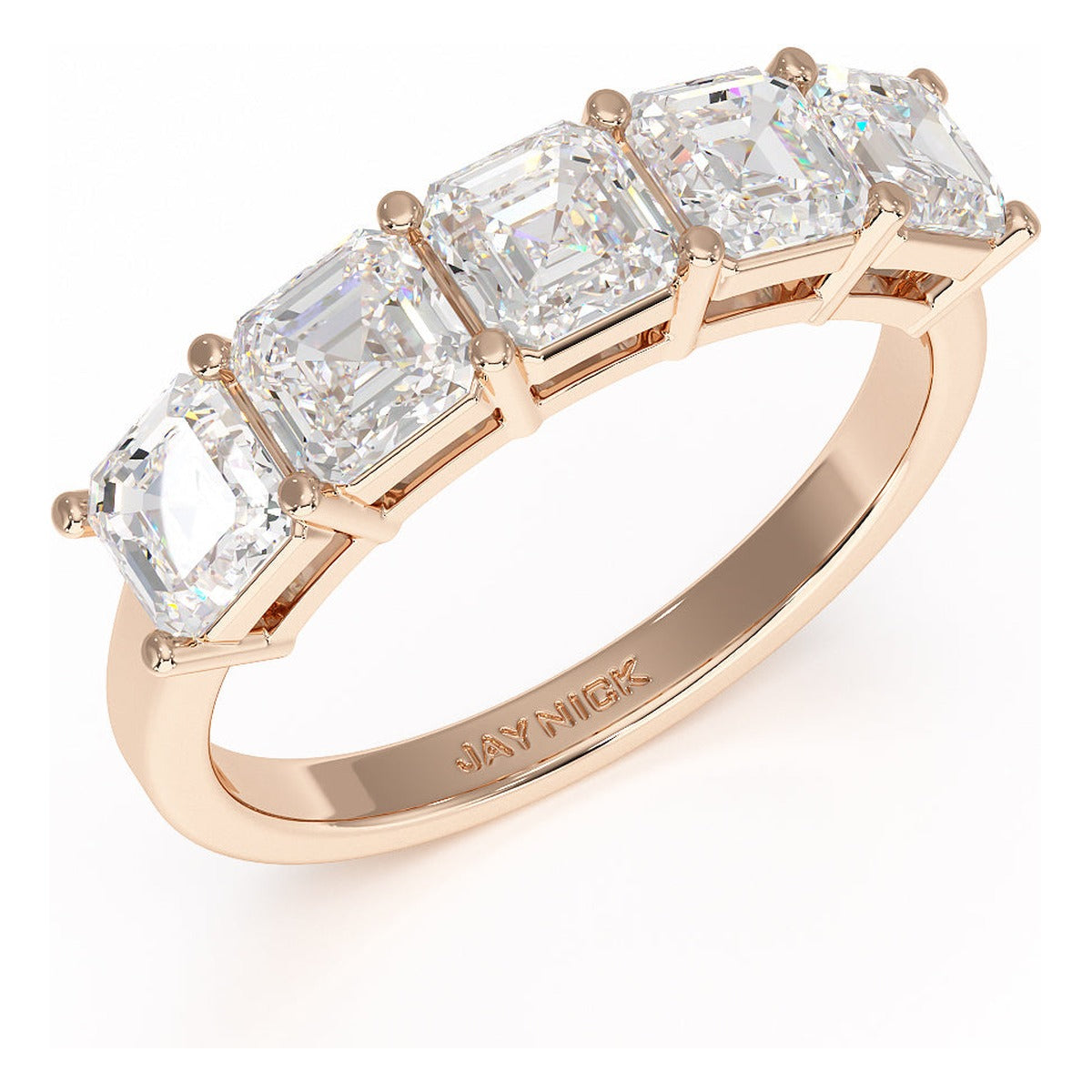 Asscher Cut Five Stone Ring in rose gold, perspective view
