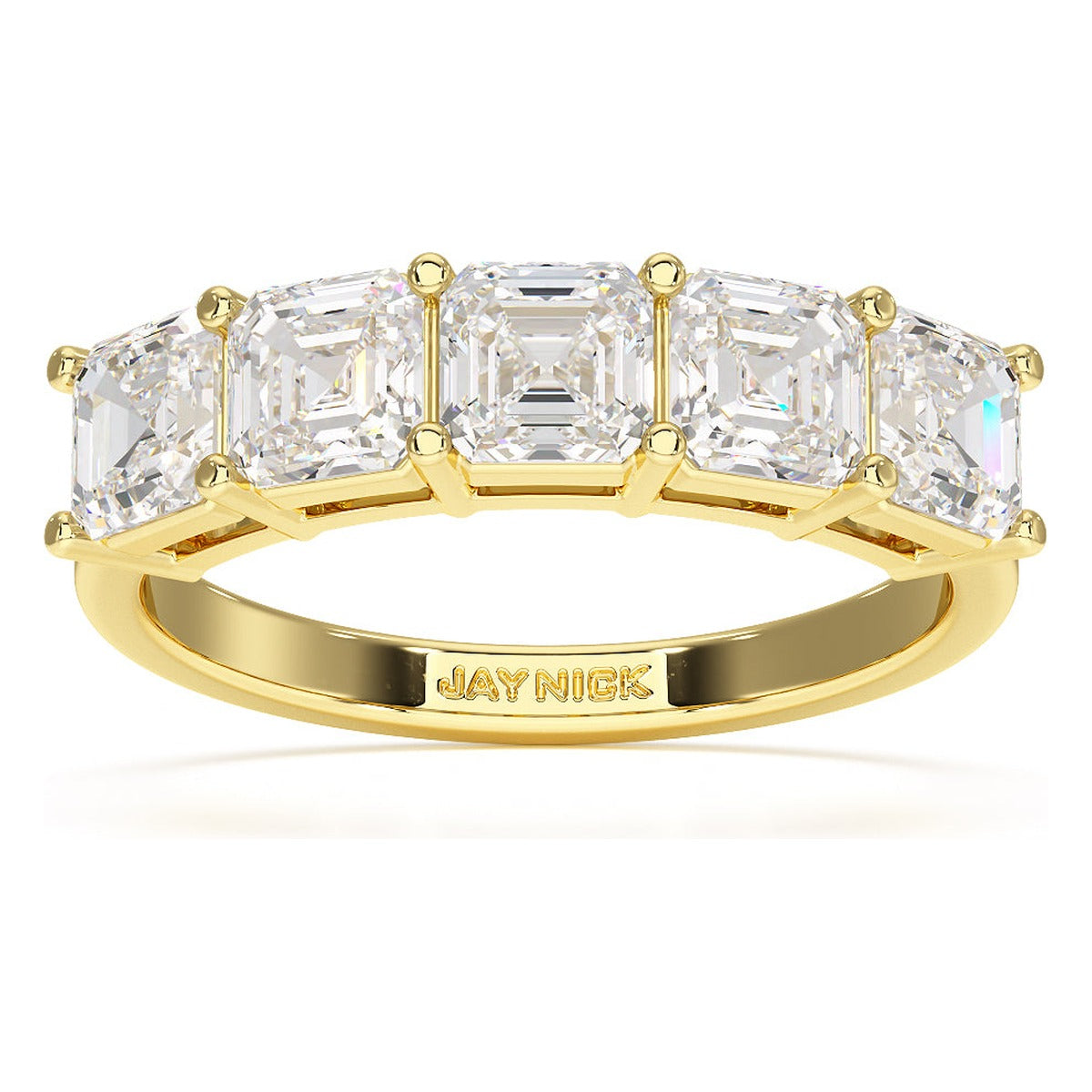 Asscher Cut Five Stone Ring in yellow gold, top view