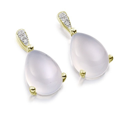 A pair of moonstone and diamond drop earrings in yellow gold with a pear shape design.