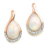 A pair of opal and diamond drop earrings with the opal gemstones at the centre and a halo of delicate diamonds around the edge, set in a rose gold.