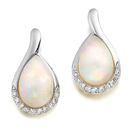 A pair of opal and diamond drop earrings with the opal gemstones at the center and a halo of delicate diamonds around the edge, set in a white gold or platinum mounting.