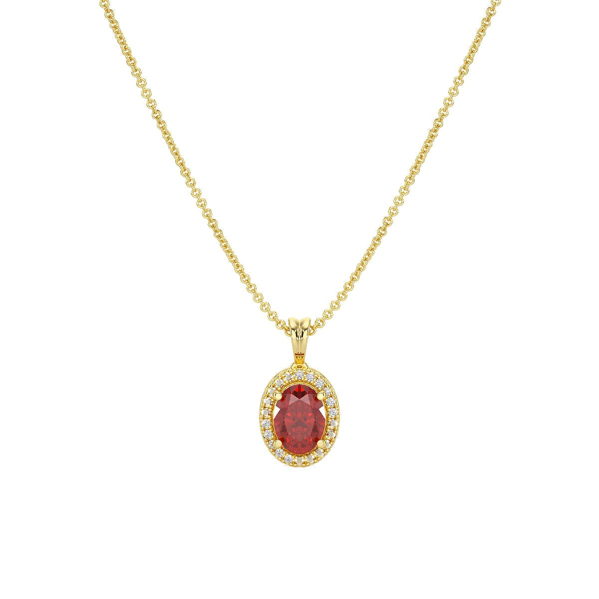 Oval Ruby Halo Pendant in yellow gold