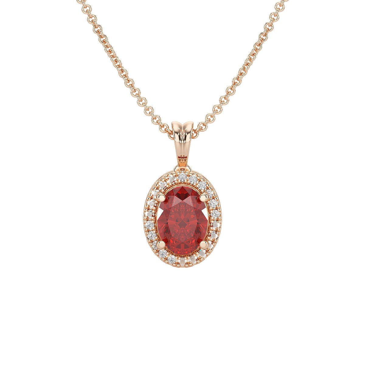 Oval Ruby Halo Pendant in rose gold