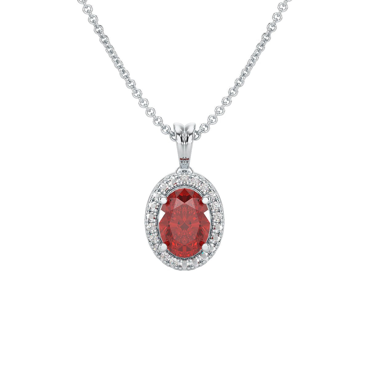 Oval Ruby Halo Pendant in white gold or platinum