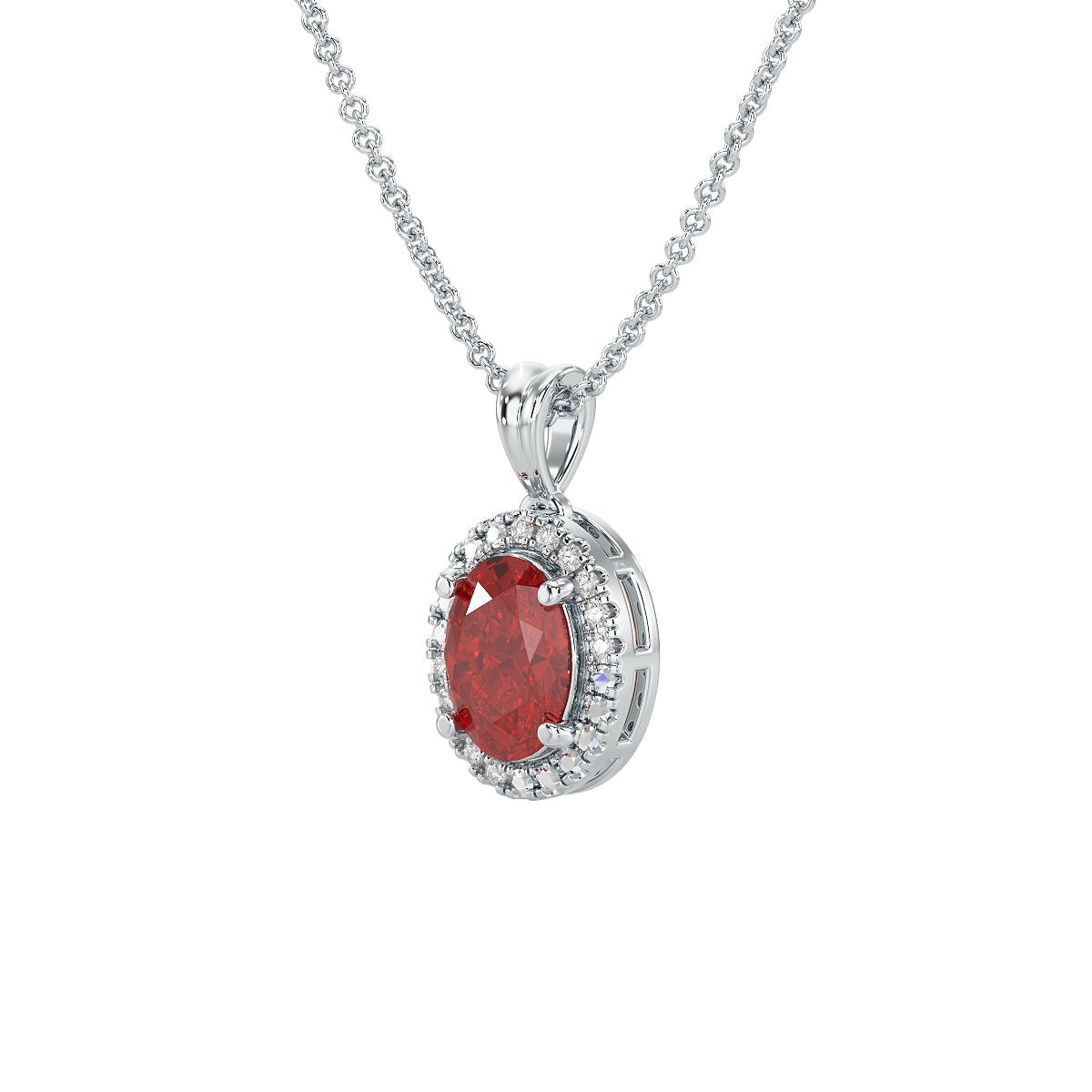 Oval Ruby Halo Pendant in white gold or platinum