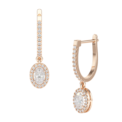 Oval Cut Halo Drop Hoop Earrings in rose gold
