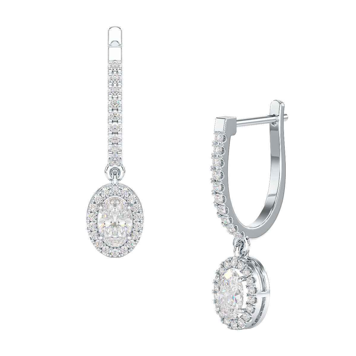 Oval Cut Halo Drop Hoop Earrings in white gold or platinum