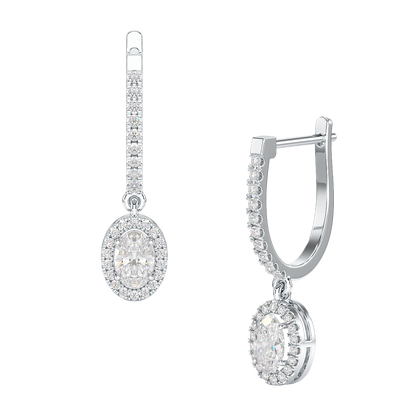 Oval Cut Halo Drop Hoop Earrings in white gold or platinum