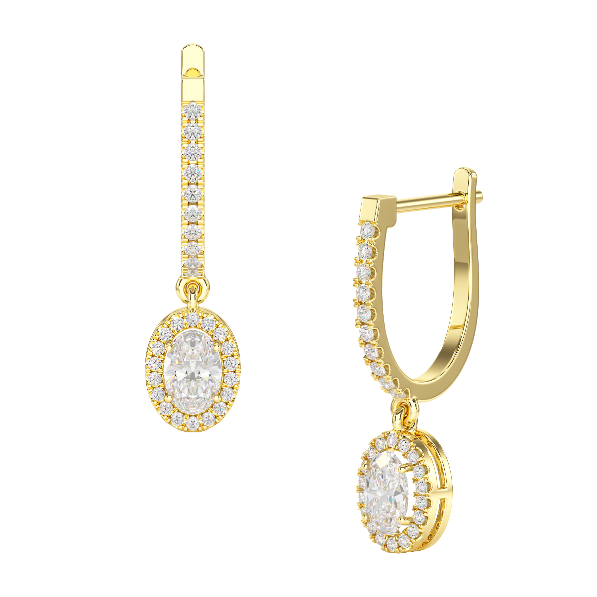 Oval Cut Halo Drop Hoop Earrings in yellow gold