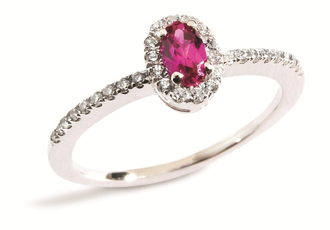 Oval Ruby Studded Shoulder Halo Ring in white gold or platinum
