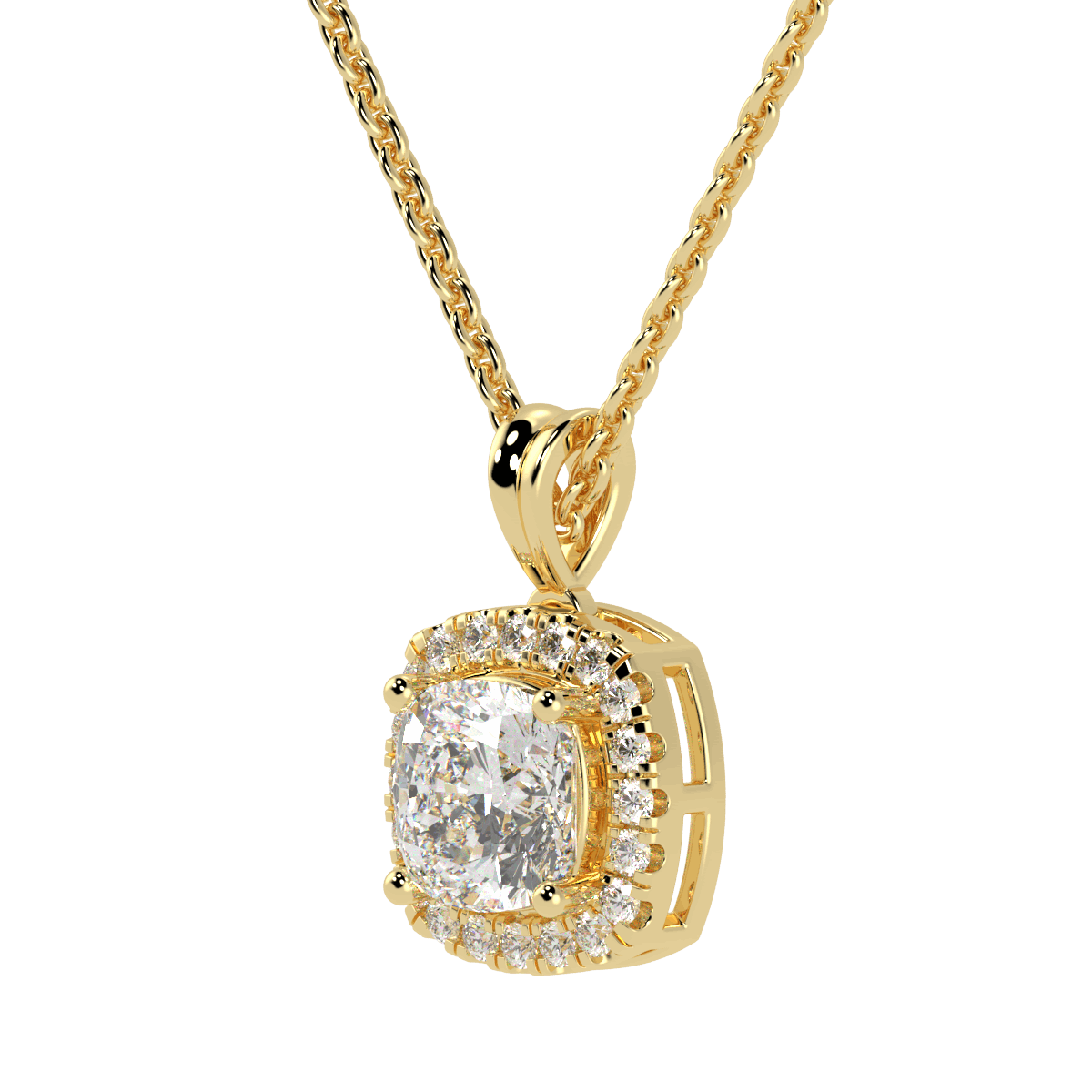 Cushion Cut Halo Pendant in yellow gold