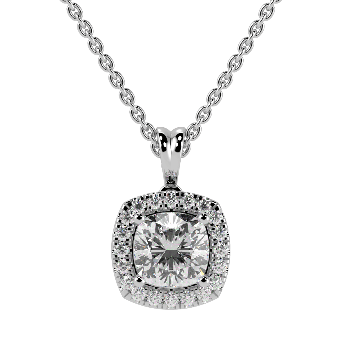 Cushion Cut Halo Pendant in white gold or platinum