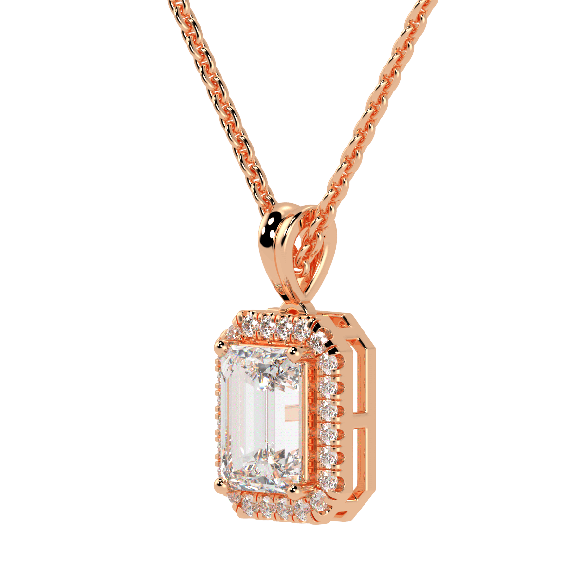 Emerald Cut Halo Pendant in rose gold