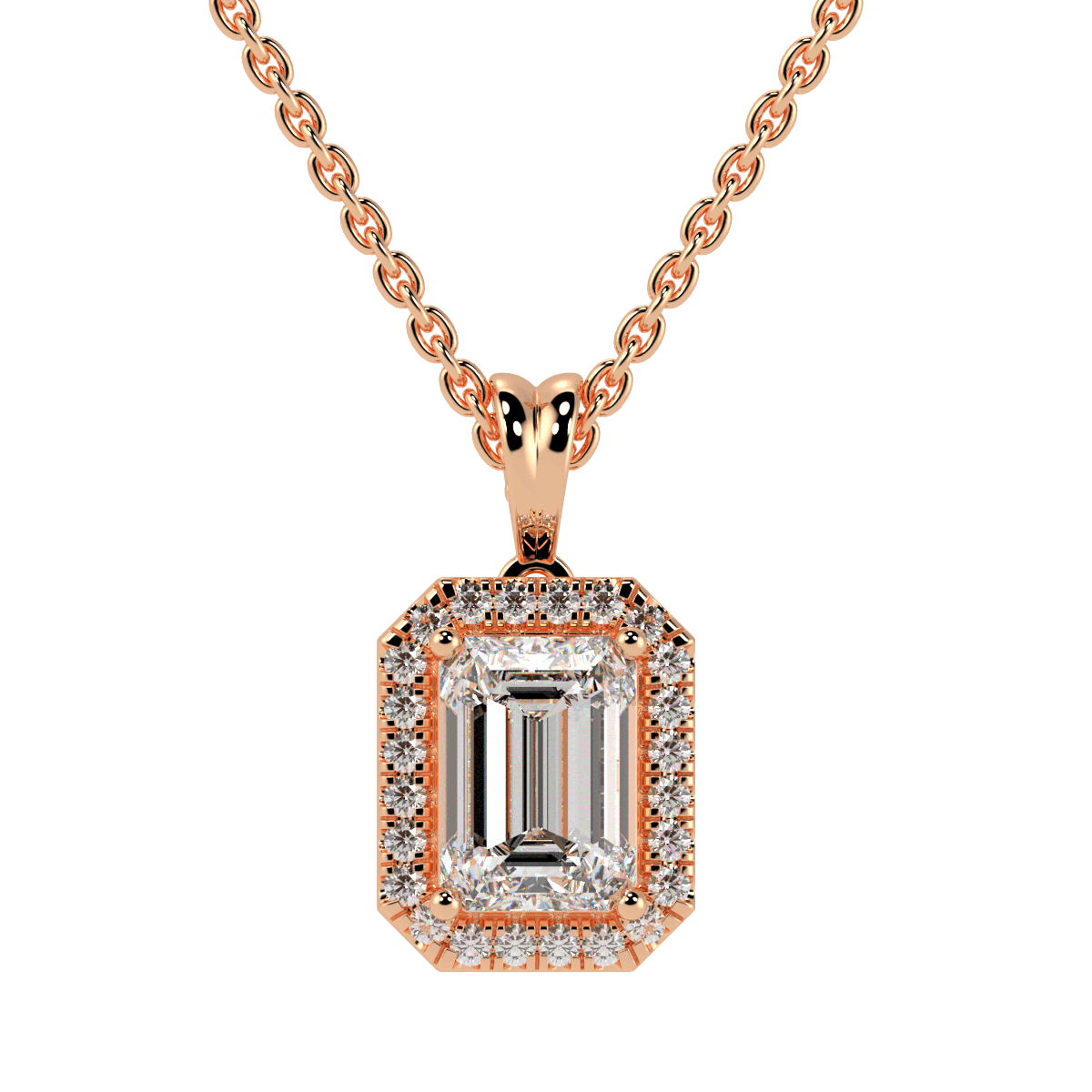 Emerald Cut Halo Pendant in rose gold